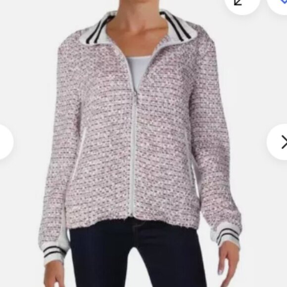 French Connection Zip Front Tweed Bomber Jacket White Red Size L EUC - Picture 1 of 16